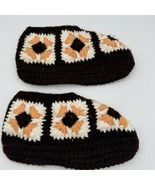 Handmade Crochet Slippers Brown Cream Peach Granny Square 8.5&quot; Boho Cozy... - $40.96 CAD