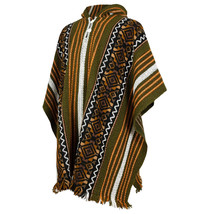 LLAMA WOOL MENS WOMANS UNISEX HOODED PONCHO PULLOVER STRIPED KHAKI CAMO ... - $79.15