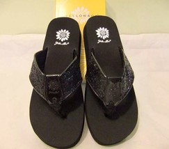 Yellow Box Carolina Flip Flops Black Glitter Shiny Sparkle Wedge Comfort Sandals - £43.00 GBP