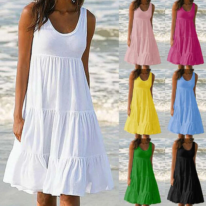 Womens Summer Smock Dress Ladies Holiday Beach Casual Mini Sundress - $34.85