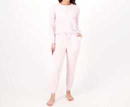 Splendid Waffle Mixed Puff Sleeve Top &amp; Jogger Lounge Set - Pink Floral, LARGE - £19.71 GBP