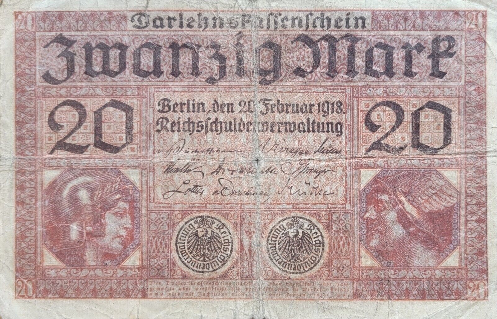 GERMANY 20 MARK REICHSBANKNOTE 1918 VERY RARE NO RESERVE - $9.46
