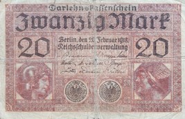 GERMANY 20 MARK REICHSBANKNOTE 1918 VERY RARE NO RESERVE - £7.44 GBP