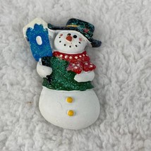 Vintage Holiday Snowman 2.5&quot; Pin Blue Birdhouse Red Scarf Hat Glitter Christmas - £4.78 GBP