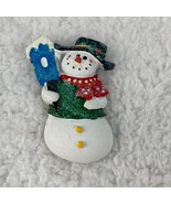 Vintage Holiday Snowman 2.5&quot; Pin Blue Birdhouse Red Scarf Hat Glitter Ch... - £4.42 GBP