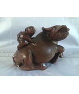 ANTIQUE Japanese Wood Carving Of Water Buffalo wtth Child  Riding. - £52.08 GBP