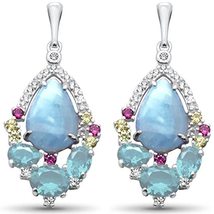 Sterling Silver Natural Larimar &amp; Multi-Colored CZ&#39;s Dangle Earrings - £40.08 GBP