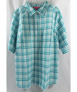  Plus Size Petite Seersucker Bigshirt Button Tab SS Check Teal Green Whi... - £13.43 GBP