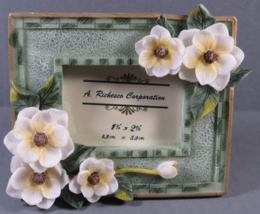 Mini Picture Frame 3D Magnolia Flowers Green &amp; White Resin 1.75&quot; x 2.5&quot; Opening. - £6.19 GBP