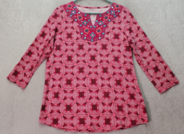 Kim Rogers Blouse Top Womens Medium Pink Embroidered Cotton Long Sleeve V Neck - £15.95 GBP