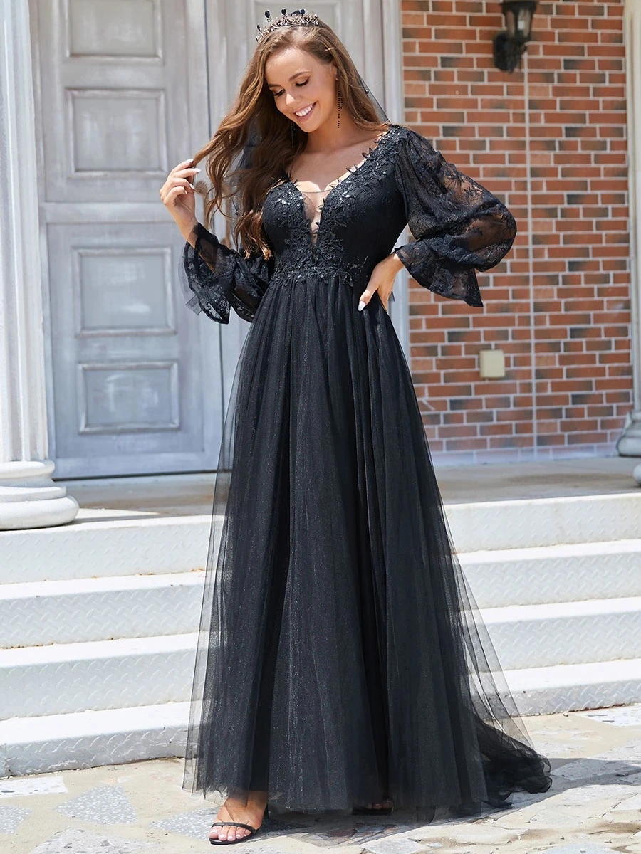 Elegant Bridesmaid Dress Floor Length  V-Neck A Line Long Puff Sleeves Ever Pret - $126.94