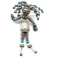 Vtg Sterling Silver Handmade Modern Tribal Pattern Rag Doll Turquoise Lapel Pin - £50.60 GBP