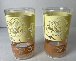 Vintage Floral Tumbler Yellow Rose Leaves Stem Brown Stripes MCM 1950s 4... - $12.65