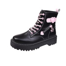 New Sweet Pink Lace-up Boots Women Motorcycle Ankle Botas Female Punk Shoes Thic - £38.64 GBP