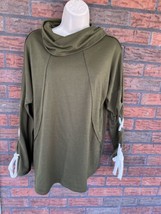 Green Cowl Neck Shirt Medium Long Sleeve Lace Up Tie Top Stretch Trendy ... - £6.05 GBP