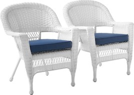Set Of 2 White/W00206- Jeco Wicker Chairs With Blue Cushions. - £278.99 GBP