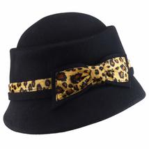Trendy Apparel Shop Leopard Print Trimmed Ribbon Band Wool Felt Cloche Hat - Bla - £40.08 GBP