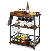 Modern Industrial Metal Wood Rolling Kitchen Wine Rack Bar Serving Cart - £118.80 GBP