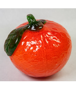 Hand Blown Art Glass Orange w Green Leaf Fruit Paperweight 4&quot; Tall - £9.41 GBP