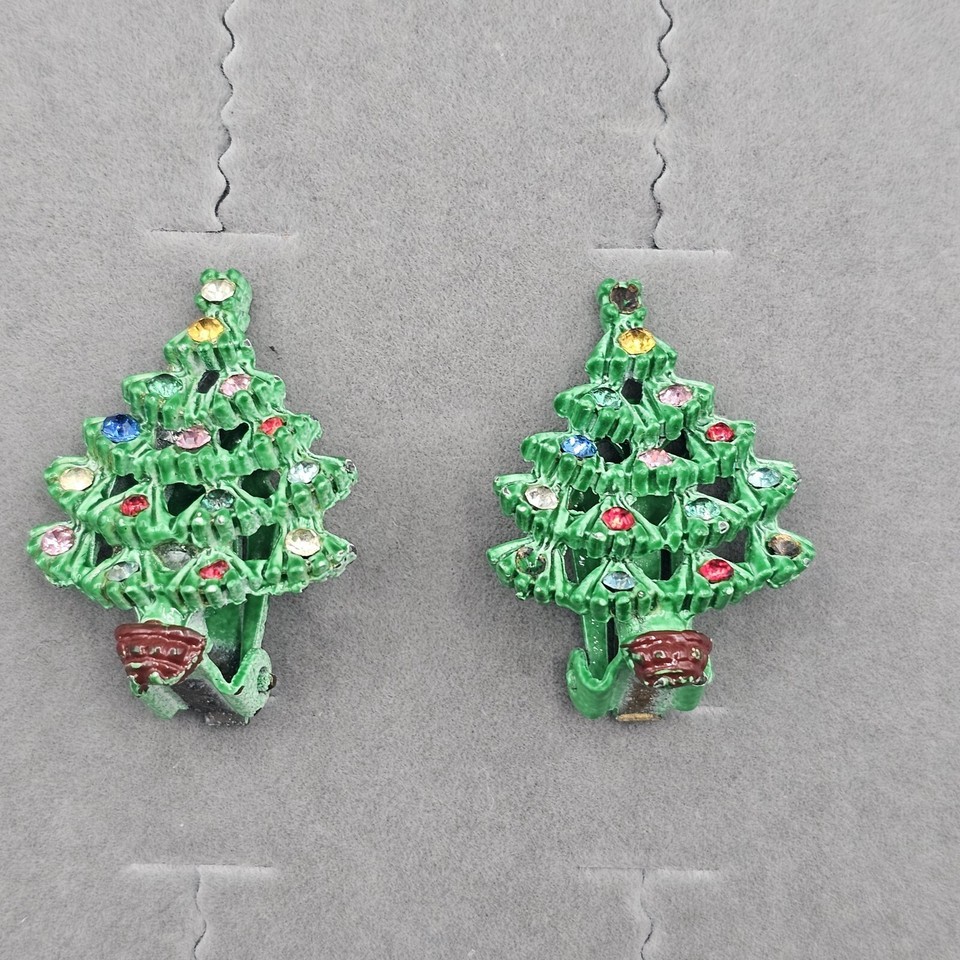 Vtg Christmas Tree Clip On Earrings Stud Painted Crystal Rhinestones Nov... - $14.99