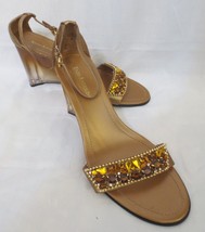 Enzo Angiolini Gold Leather Lucite WEdge Sandals Topaz Brown Rhinestones Sz 9M - £11.99 GBP