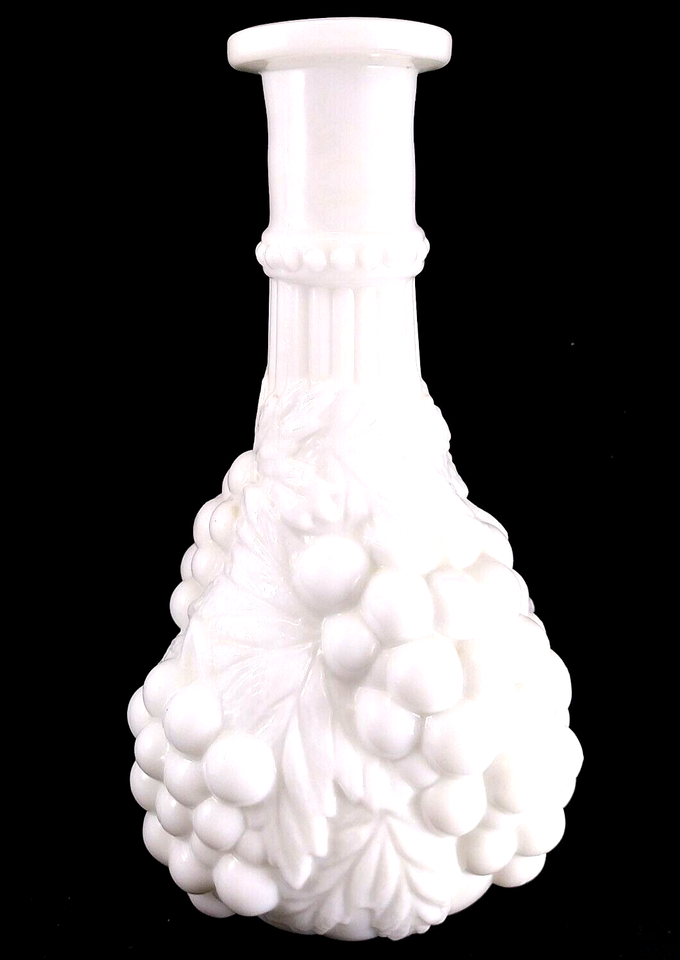 Antique Milk Glass Vase With Leaves And Grapes, 9.5” Tall, MINT OBO - $16.00