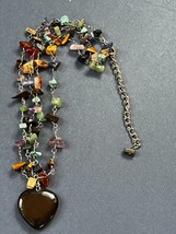 Small Various Colored Stone Nugget Bead on Double Strand Silvertone Chain w Blac - £14.60 GBP