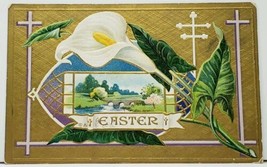Easter Greeting Beautiful Lily &amp; Scenic View on Gold Finish Embossed Postcard I4 - £3.72 GBP