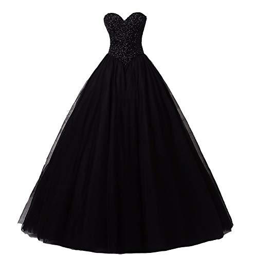 Heavy Beaded Top Quinceanera Ball Gown Long Tulle Evening Prom Dress Black US 16