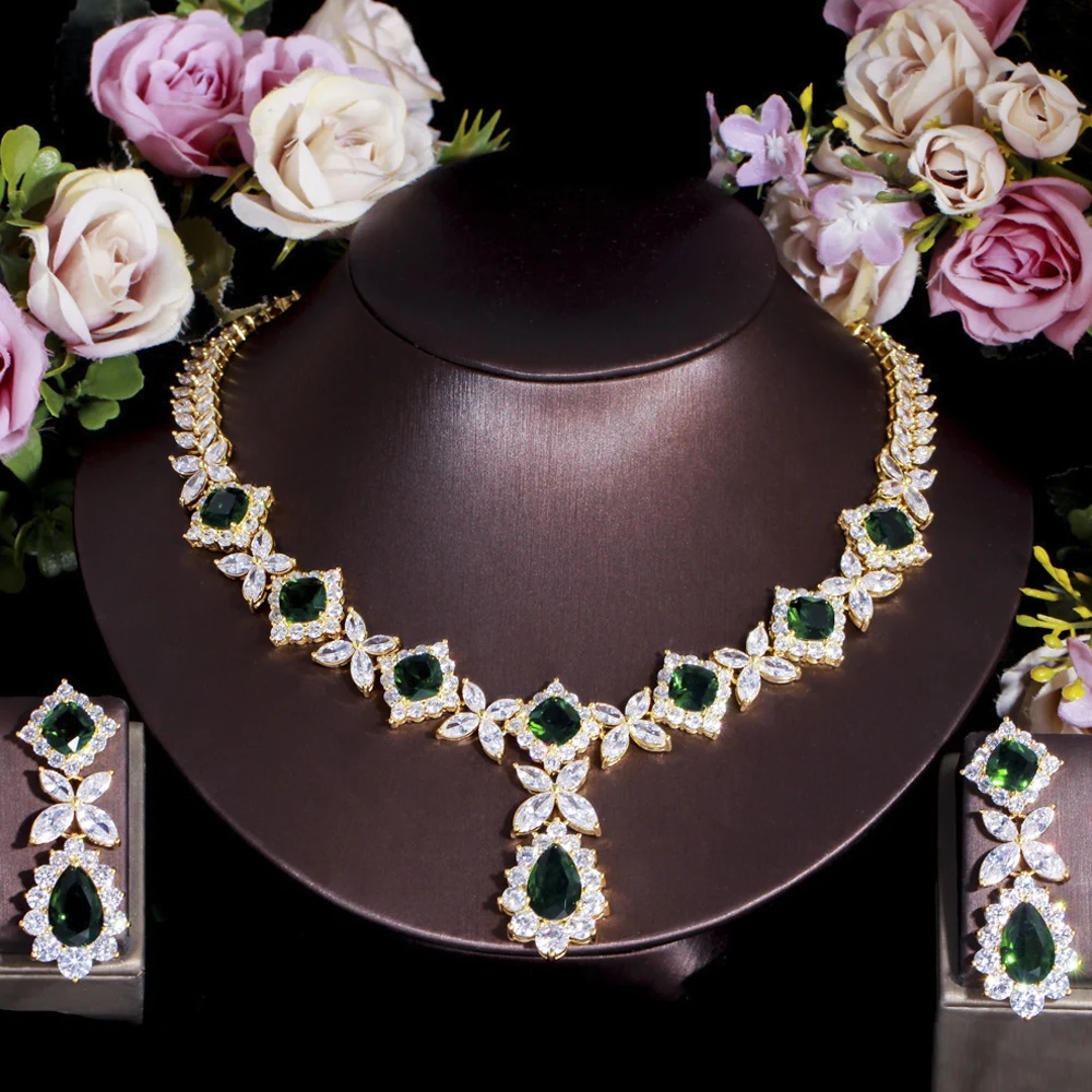 Noble Design Shiny Green CZ Crystal Luxury Big Dangle Earrings Necklace Set for  - £54.97 GBP