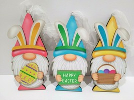 Easter Pastel Gnome Bunny Ears Wooden Tree Ornaments Home Decor Set of 3 - £15.02 GBP
