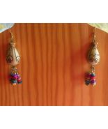 Aztec Style Burnt Design Multi-color Long Dangle Hook Earrings 3.25" Long - $18.80
