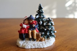 BROKEN* Mervyn&#39;s Christmas Village Square Boy Girl Sitting on Bench Dog ... - $6.65