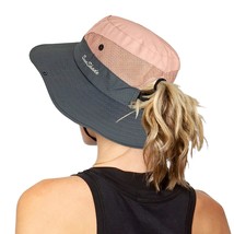 Womens Foldable Wide-Brim Uv-Protection Sun-Hat With Ponytail Hole (Pink) - £13.43 GBP