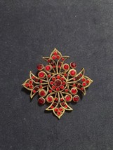 Vintage Ruby RED rhinestone Brooch faceted glass stones Aurora Borealis - $34.93 CAD