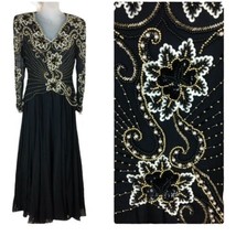 Victorian Black Full Length Silk Chiffon Evening Gown Beaded Sequence Dr... - £48.50 GBP
