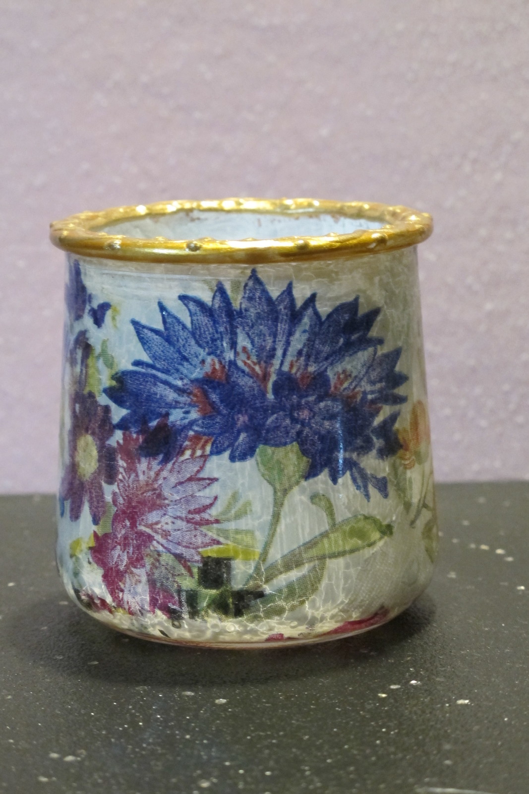 Upcycle Glass Art MacKenzie Childs Paper Flower Market Cottage Tea Candle Holder - £31.84 GBP