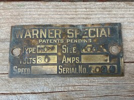 ANTIQUE WARNER SPECIAL SMALL DATA PLATE ID TAG PLAQUE METAL  - $14.80