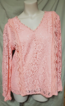 XL- Coral Peach Floral Lace Lined Sheer L/S Shirt w/Keyhole Back 44&quot; Chest - £15.07 GBP