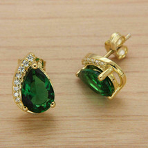 2.00 ct Pear Green Emerald Round Diamond 14k Yellow Gold Tear Drop Stud Earrings - £89.23 GBP