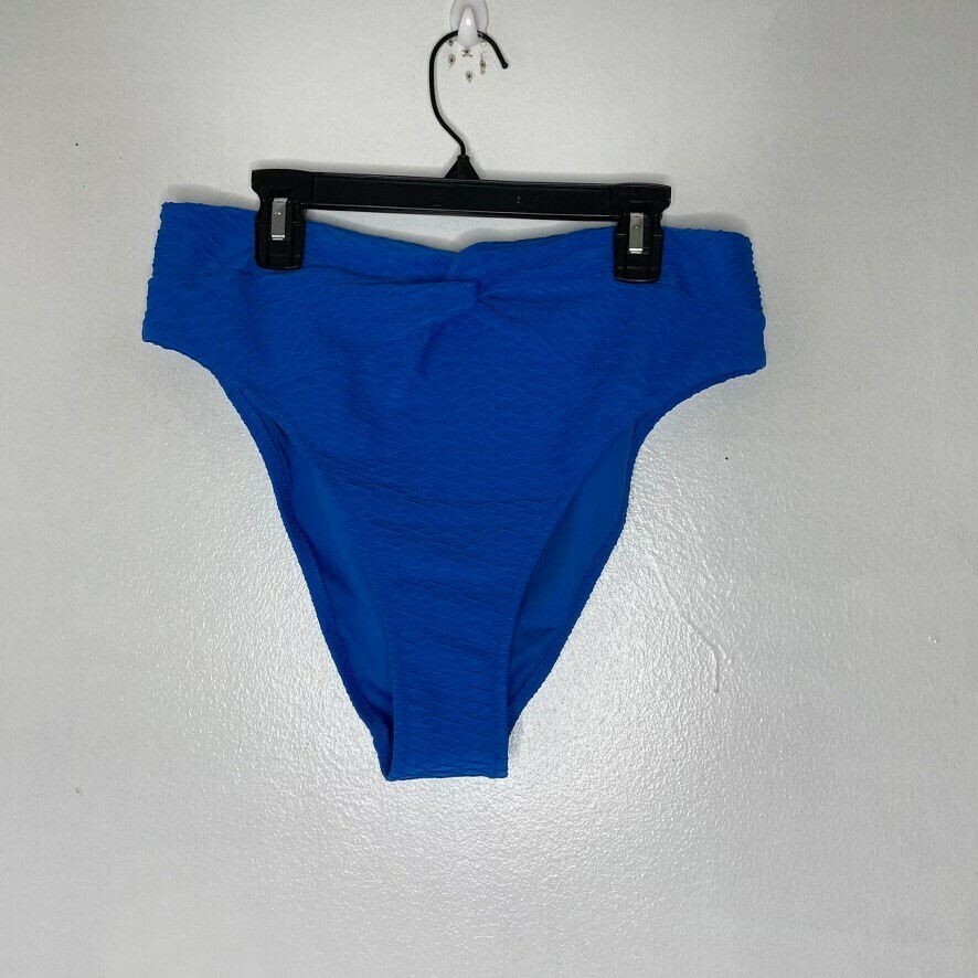 Victoria&#39;s Secret High Waist Cheeky Bottom L Blue Ribbed Stretch Swimwear - $15.00