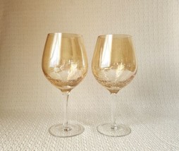 Pier 1 CRACKLE Amber Golden Luster 8 5/8&quot; Red Wine Glasses Goblets ~ Pair - £31.60 GBP