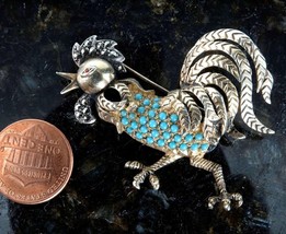 Vintage 800 silver Turquoise/Marcasite Art Deco Rooster Brooch pin - $123.75