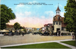 Vtg Postcard Main Street Scene, Catholic Church, Parked Cars, Old Orchard, Maine - £5.07 GBP