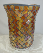 Mosaic Glass Candle Holder Vase Gold Copper &amp; Hues Brown Glass Beautiful 7.5x5.5 - £17.17 GBP