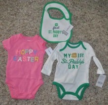 Girls Bodysuit &amp; Bib Carters 3 Pc Pink Easter White Green St Patricks Day-3 mths - £12.22 GBP