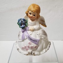 Musical Birthday Angel Vintage February Ceramic Girl Figurine Flower Rotating - £11.61 GBP