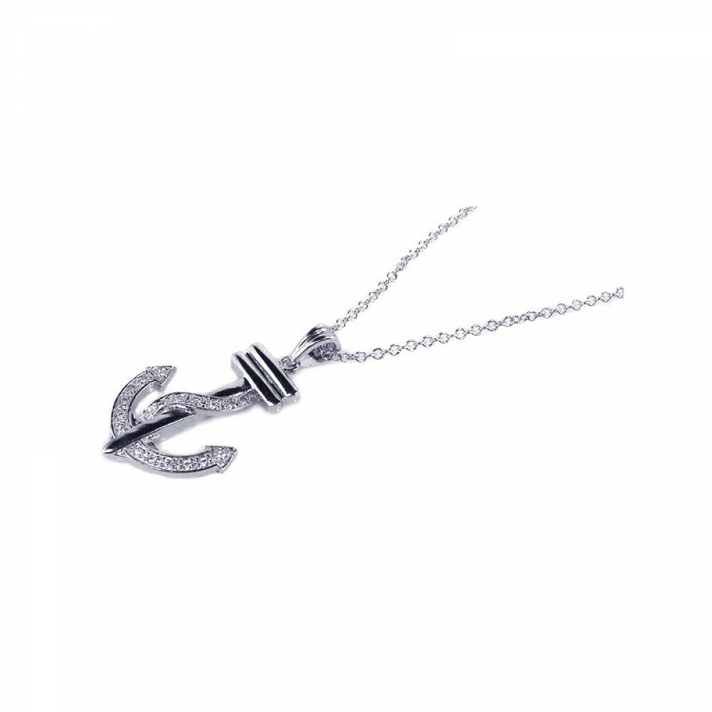 Sterling Silver 925 Clear CZ Rhodium Plated Anchor Pendant - $34.95