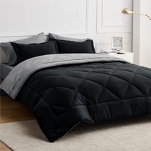 Black Comforter Set Queen - 7 Pieces Reversible Black Bed In A Bag With Comforte - £70.33 GBP