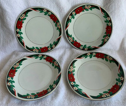 Lot Of 4 Vintage Tienshan DECK THE HALLS Salad Plates 7 1/2” Poinsettia Gold Rim - £14.93 GBP